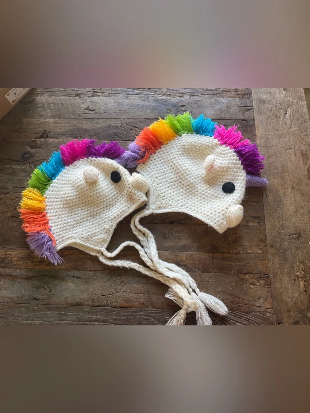 2 Cream Crochet Kids Unicorn Hats with Rainbow Mane